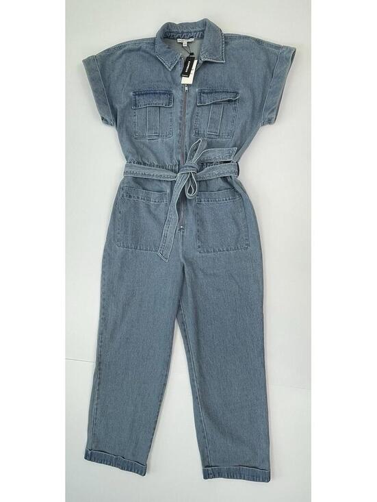 NWT Express X LADYGANG Women’s Blue Denim Zip Front Belted Jumpsuit Size 8 - Picture 2 of 10
